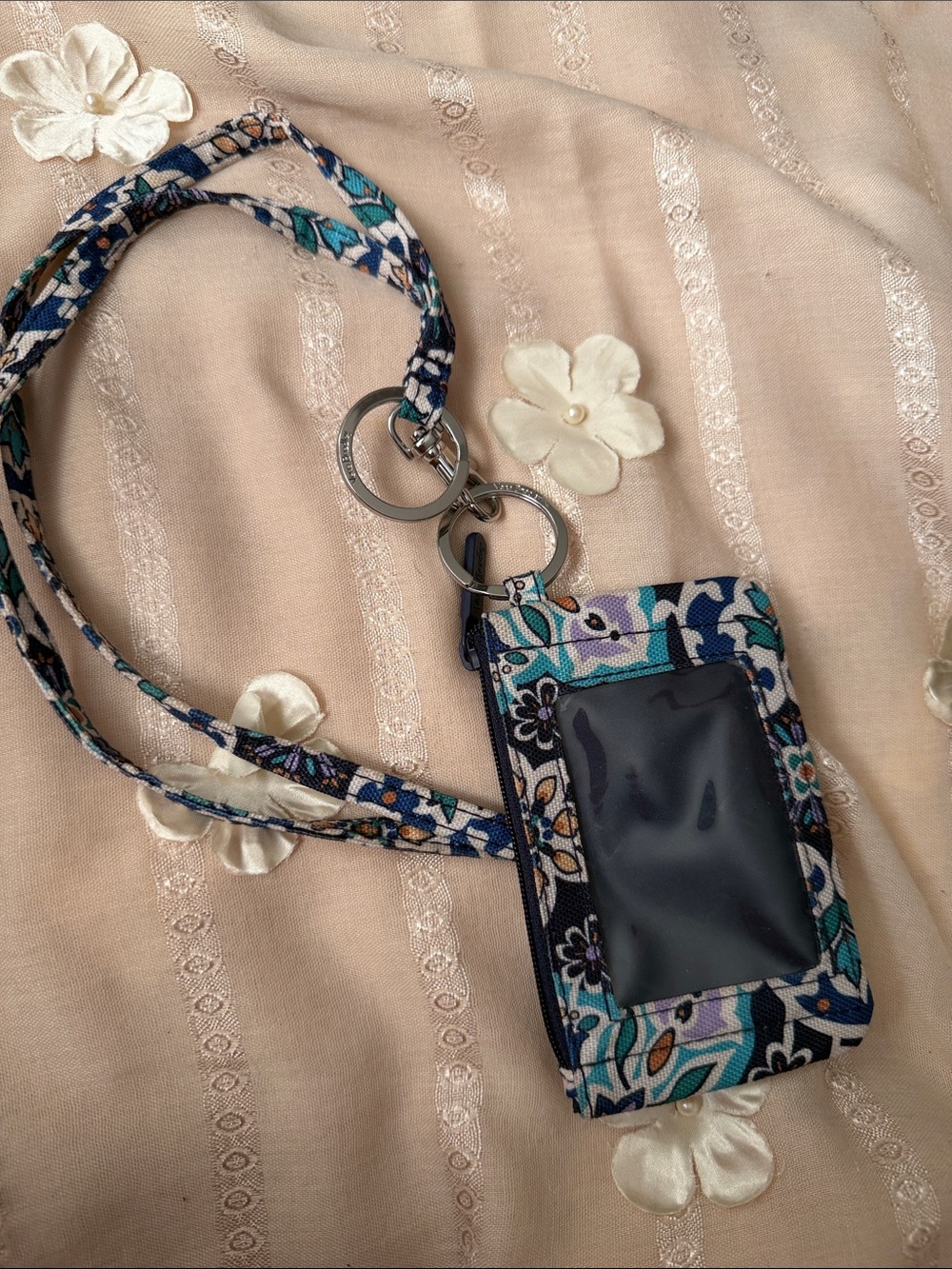 Patterned Blue Floral Lanyard ID Holder with Key Rings